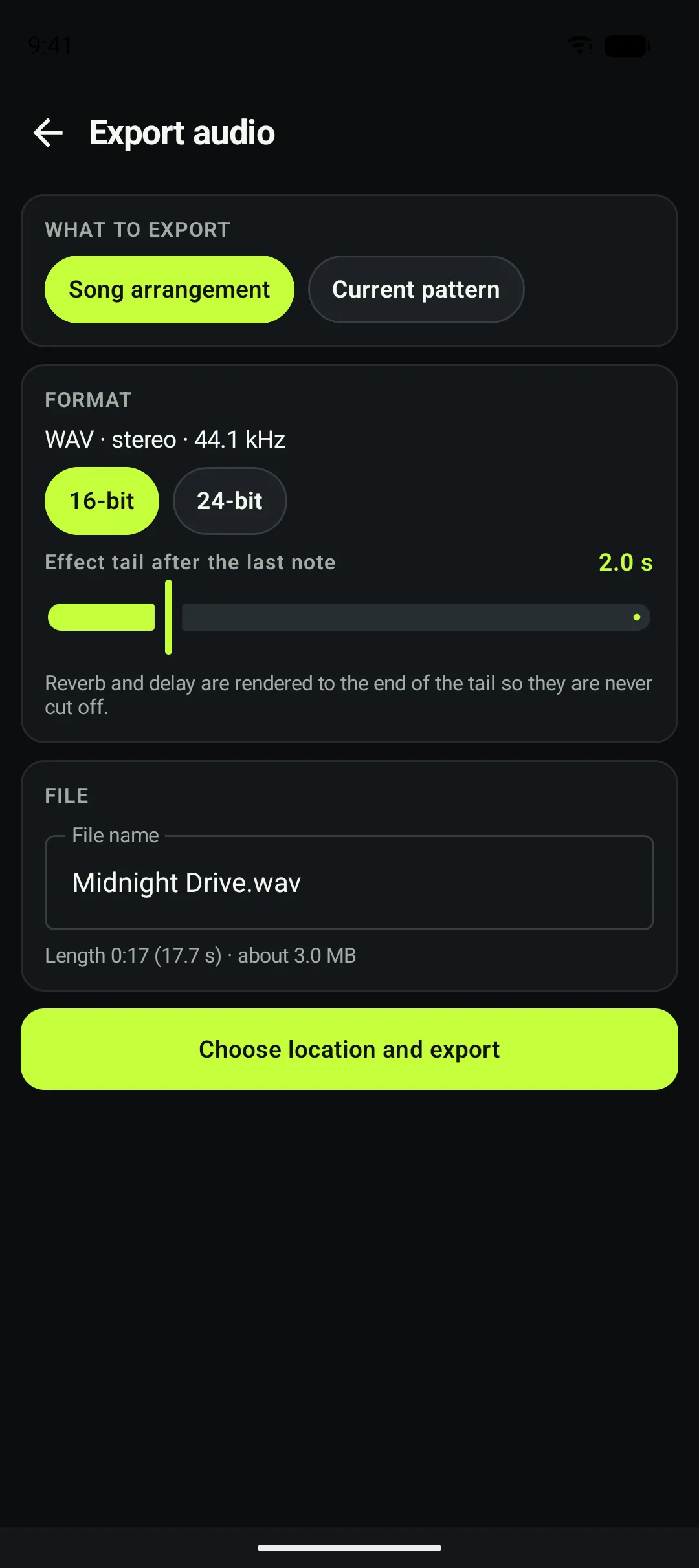 The Export audio screen with song arrangement selected, 16-bit WAV at 44.1 kHz and a file name field.