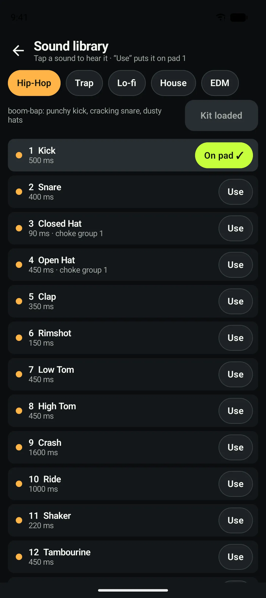 The Sound library screen listing the Hip-Hop kit samples such as Kick, Snare and Closed Hat with Use buttons.