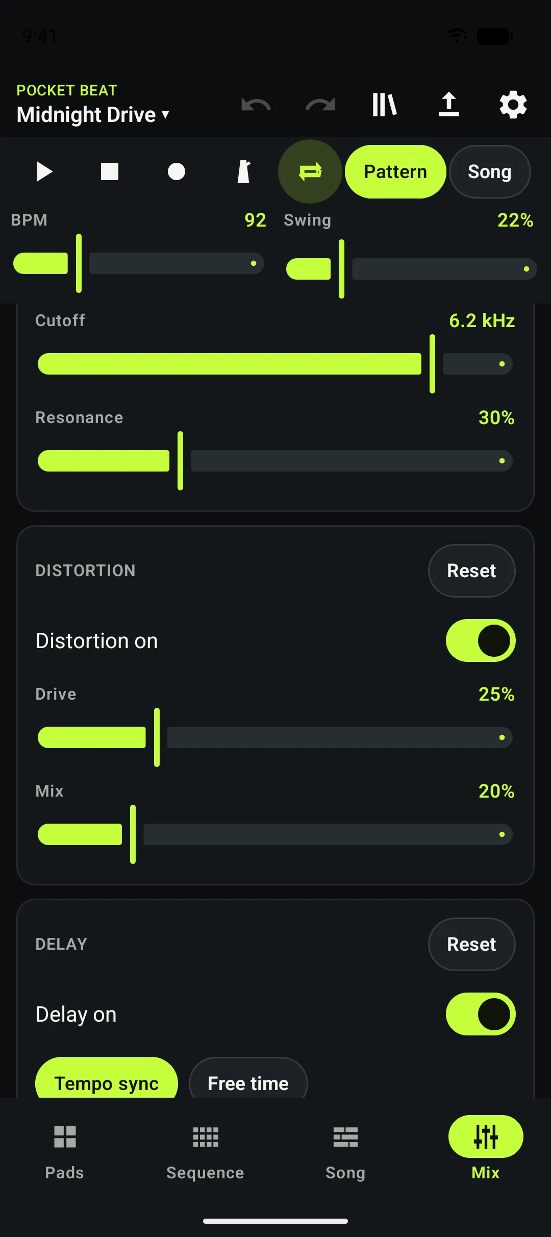 The Mix screen with filter cutoff and resonance sliders and distortion and delay controls.