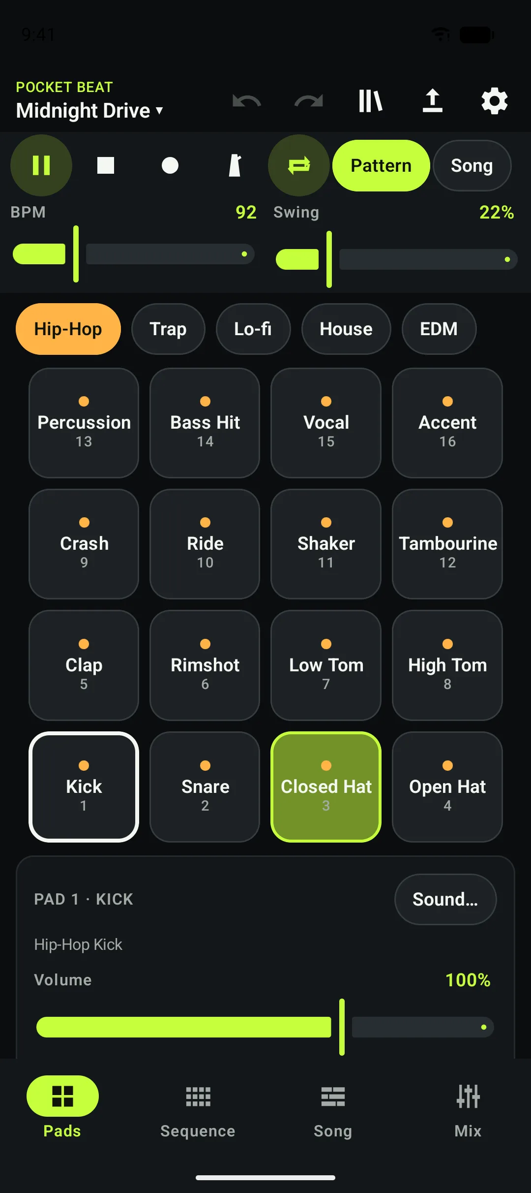 Pocket Beat Maker's Pads screen: sixteen drum pads for the Hip-Hop kit, with tempo and swing controls above.