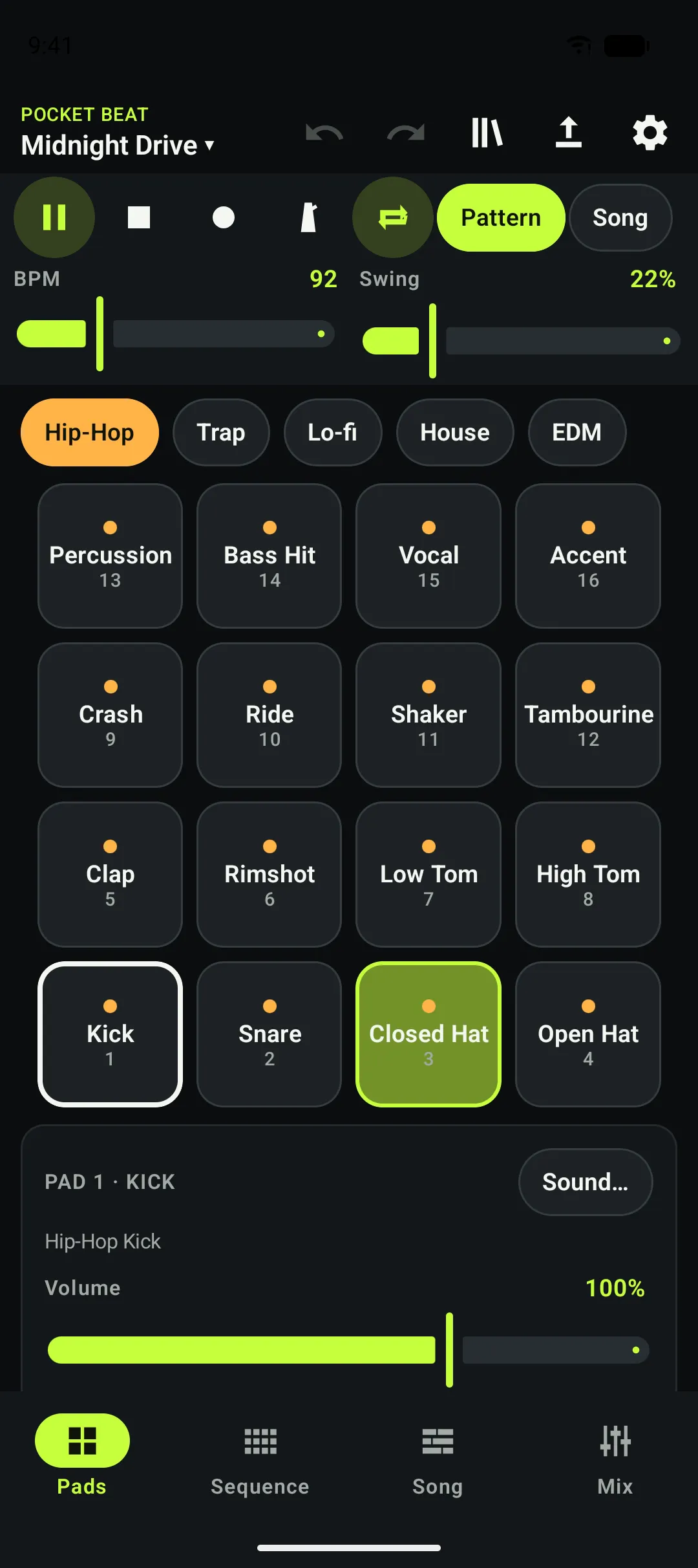 The Pads screen showing the Hip-Hop kit with sixteen labelled drum pads, a BPM slider at 92 and a swing slider at 22 percent.