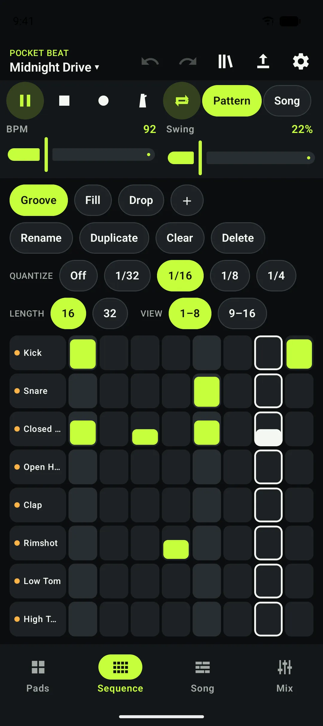 The Sequencer screen: a grid of steps for kick, snare, hats and clap, with lime-green active steps and a white playhead column.