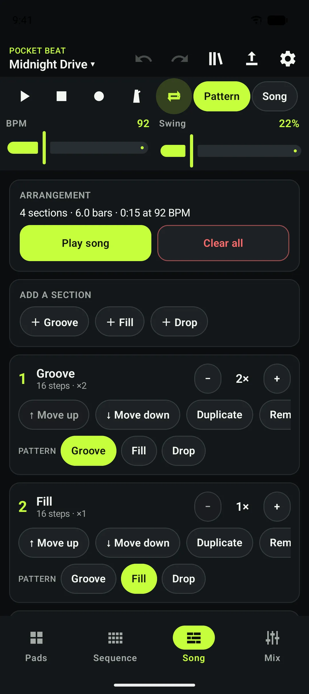 The Song screen: an arrangement of Groove and Fill sections with repeat counts and pattern selectors.